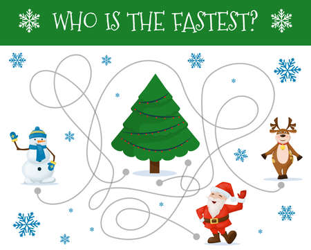 Winter maze for children. Preschool Christmas activity. New Year puzzle game with cute Santa, snowman and deer. Who is faster to get to the christmas tree. Worksheet home schooling labyrinth game.のイラスト素材