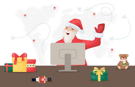 Santa Claus home winter time. Santa Claus work online on his computer. Gifts decorations on table. World map. Santa is looking for gifts on Internet vector illustration. Connecting people around worldのイラスト素材