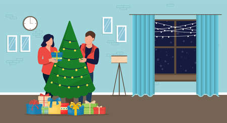 Christmas at home. Couple decorated christmas tree and put gifts. Winter holiday celebration. Man surprising his girlfriend with a Christmas gift. Holiday evening new year apartment vector illustration.のイラスト素材