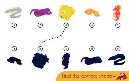 Matching game for children vector education game.Place puzzle part in correct place Homeschooling activity for pres?hool kids and toddlers Find the correct shadow. Match pictures to their shadows.のイラスト素材