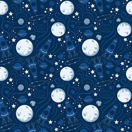 Space seamless pattern. Planets, rockets and stars