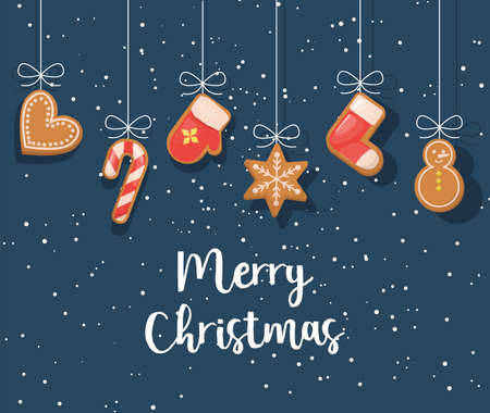 Gingerbread cookies hanging over winter snowy background.のイラスト素材