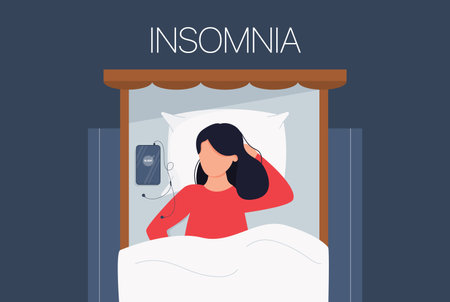 Sleepless woman face character suffers from insomnia. Insomniac lying in darkness night lying on bed concept. Sad female awake, tired dream problem vector illustration. Depression problem character.のイラスト素材