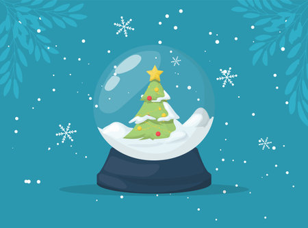 Christmas Snow globe with falling snow and christmas tree, vector illustration. Magic winter holiday glass globe. Merry Christmas crystal snowglobe, magical greeting card toy. Glossy home gift.のイラスト素材