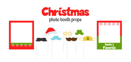 Christmas photo booth and scrapbooking vector set. Photobooth funny props for new year hat and christmas celebration. Holiday masquerade eyeglasses. Birthday mask beard moustache costumeのイラスト素材