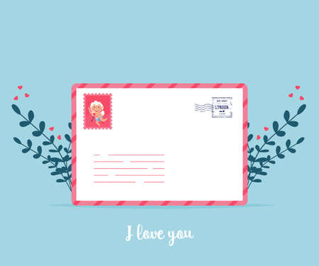 Love mail with Valentine card. Love you paper card envelope. Romantic holiday Valentine Day poster or greeting card. Gift card invitation. Happy valentines day greeting. Vector illustration surprise.のイラスト素材