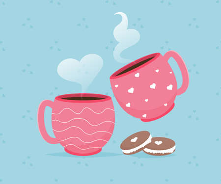Valentine card with coffee cups macaroon dessert. Love you. Romantic holiday Valentine Day poster or greeting card. Gift invitation concept. Cute heart design. Happy valentines day concept. Vectorのイラスト素材