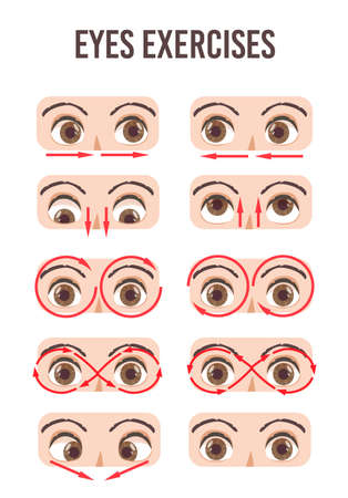 Eye exercise set. Movement for eyes relaxation. Eyeball, eyelash and brow. Looking in various direction. Isolated vector illustration. Eye vision exercise gymnastics. Human eyesight healthcare.のイラスト素材