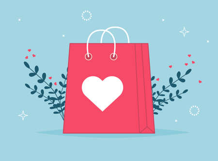 Valentines day shopping bag with shop list. Love gift paper bag. Fashion store shopper packaging. Customer package with hearts for holiday present sale. Vector illustration surprise.のイラスト素材