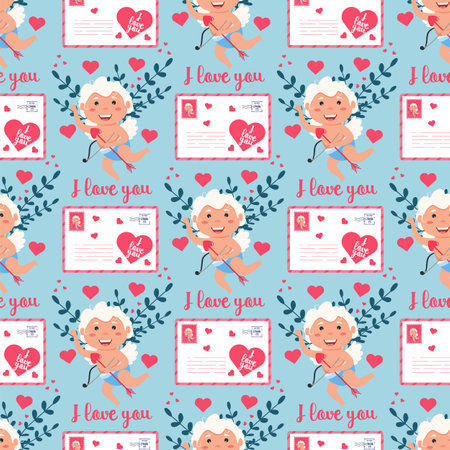 Valentine Cupid love angel seamless pattern. Cute boy or girl cupid. Flying angel love holding hearts envelope. Lover cupid. Vector holiday amur boy character. Flying with heart, shoots bowのイラスト素材