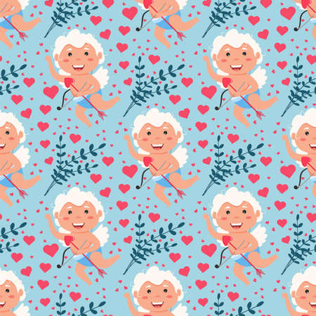 Valentine Cupid love angel seamless pattern. Cute boy or girl cupid. Flying angel