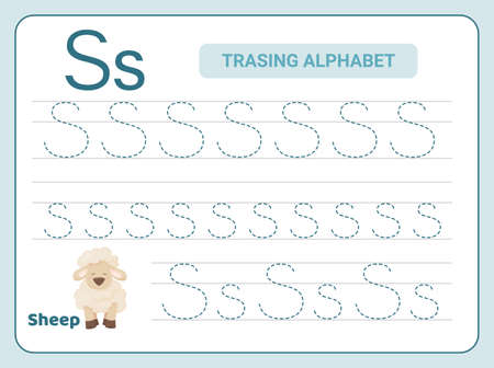 Alphabet tracing practice Letter S. Tracing practice worksheet. Learning alphabet activity page. Printable template. Uppercase and lowercase ABC trace practice worksheet. Learning English handwritingのイラスト素材