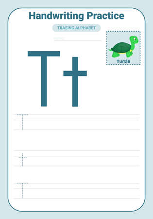 Alphabet tracing practice Letter T. Tracing practice worksheet. Learning alphabet activity page. Printable template. Uppercase and lowercase ABC trace practice worksheet. Learning English handwritingのイラスト素材