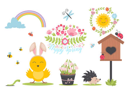 Easter spring set with cute animals, birds, bees, butterflies. Hand drawn flat cartoon elements. Vector illustration of spring holidays snowdrops decoration.のイラスト素材
