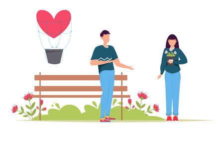 Valentines day romantic dating gift card. Lovers relationship two people. Loving couple holding gift. Cheerful young couple close to each other and smiling. Holiday gift surprise celebration dating.のイラスト素材