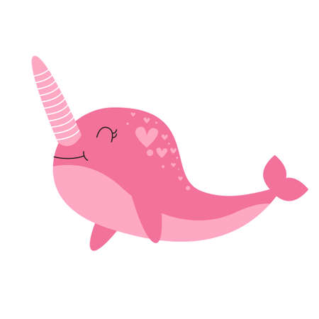 Cute narwhal sea whale character vector illustration. Cartoon ocean unicorn fish. Horn mammal.のイラスト素材
