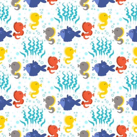 Sea animals hand drawn seamless pattern. Marine life. Ocean wildlife. Vector collection Cute ocean...