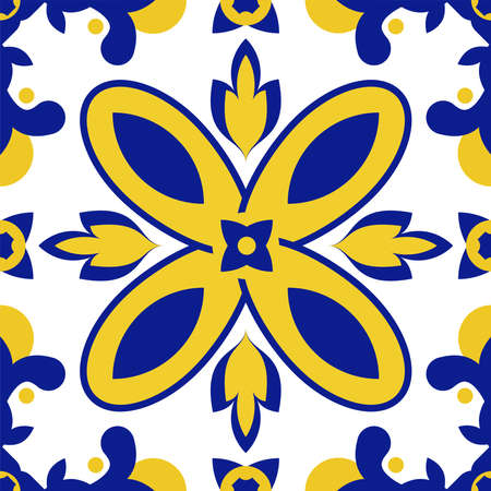 Azulejos Portuguese tile floor pattern, Lisbon seamless indigo blue tiles, vintage geometric ceramic, Spanish vector background. Moroccan geometrical interior patchwork. Azulejo moroccan wallpaperのイラスト素材