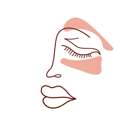 Continuous line, drawing of woman face, One line art face drawing. Boho vector illustration. Fashion concept, woman beauty minimalist with geometric doodle Abstract floral elements pastel colors.のイラスト素材
