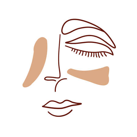 Continuous line, drawing of woman face, One line art face drawing. Boho vector illustration. Fashion concept, woman beauty minimalist with geometric doodle Abstract floral elements pastel colors.のイラスト素材