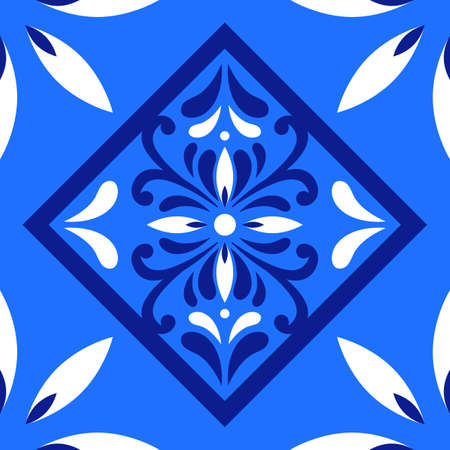 Azulejos Portuguese tile floor pattern, Lisbon seamless indigo blue tiles, vintage geometric ceramic, Spanish vector background. Moroccan geometrical interior patchwork. Azulejo moroccan wallpaperのイラスト素材