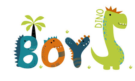 Dinosaur Hand drawn cute vector scandinavian lettering. Dino boy. Great design for t-shirt, logo, kids apparel, invitation, poster, print.のイラスト素材