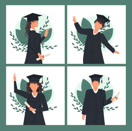 Group of happy graduated students wearing academic dress, gown or robe and graduation cap and holding diploma. Boys and girls celebrating university graduation. Class of 2021 vector illustration.のイラスト素材