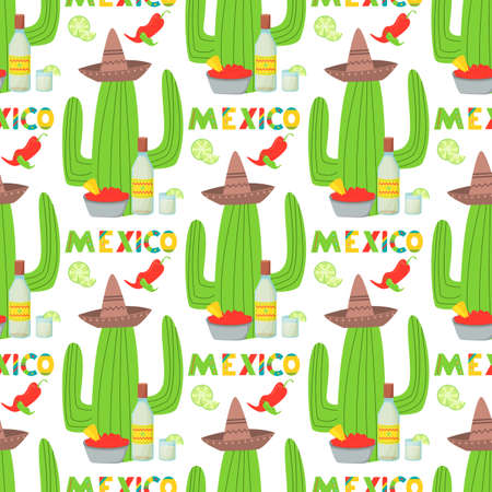 Cinco de Mayo Viva Mexico seamless pattern. Mexican culture symbols on black background. Guitar, sombrero, maracas, cactus and jalapeno in tiled backdrop design.のイラスト素材