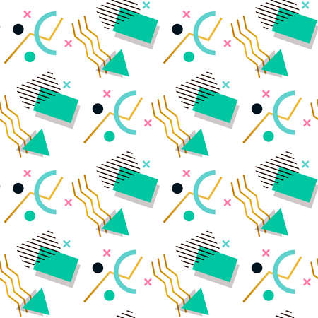 Memphis seamless pattern of geometric shapes for tissue and postcards. Hipster poster, juicy, bright color background. Creative abstract geometry shape fashion print.のイラスト素材