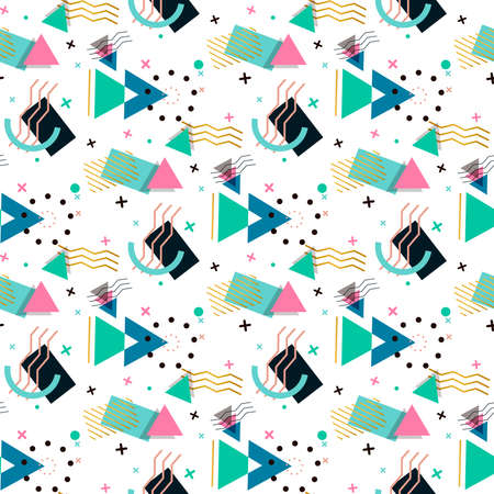 Memphis seamless pattern of geometric shapes for tissue and postcards. Hipster poster, juicy, bright...