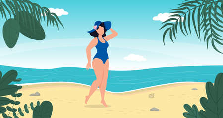 Woman in swimsuit summer hat stand on tropical beach.のイラスト素材