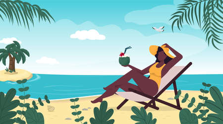 Woman in swimsuit summer hat stand on tropical beach.のイラスト素材