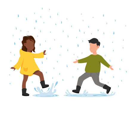 Boy and girl runs in the rain. Autumn fun activities.のイラスト素材