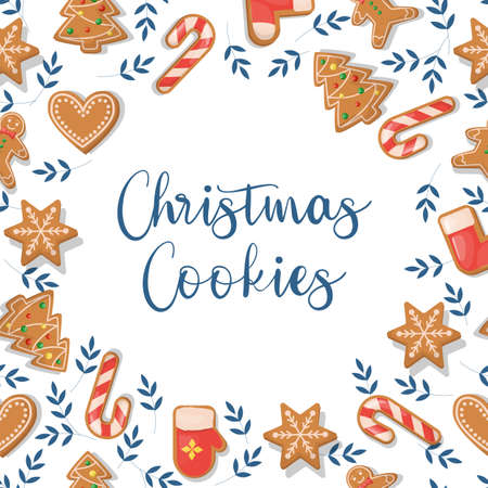 Christmas card with ginger cookies, holiday festive dessert. Winter gingerbread xmas card. Greeting card with decorated season food.のイラスト素材