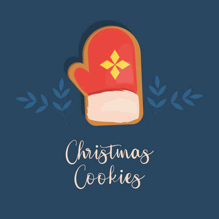 Christmas card with ginger cookies, holiday festive dessert. Winter gingerbread xmas card. Greeting card with decorated season food.のイラスト素材