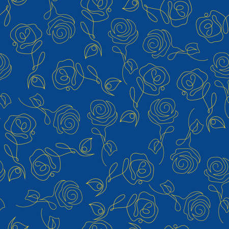 Rose flower Line art seamless pattern. Continuous one line drawingのイラスト素材