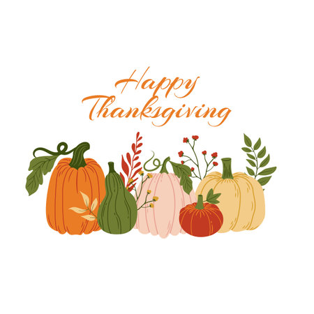 Happy Thanksgiving Day Harvest Fall Greeting Card Pumpkin Holiday Food Colorful Pumpkins and Autumn Leaves.のイラスト素材