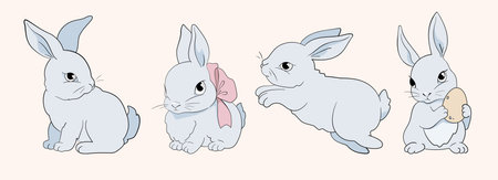 Easter bunny. Cute Girlish bunnies for kids standing with placard. Rabbit or hare, spring festive animal with Pink Bow.のイラスト素材