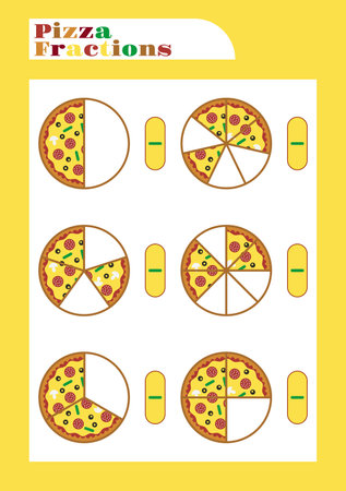 Fraction pizza worksheet in mathematics. write the correct fraction shape for kids kindergarten. Vector illustrationのイラスト素材