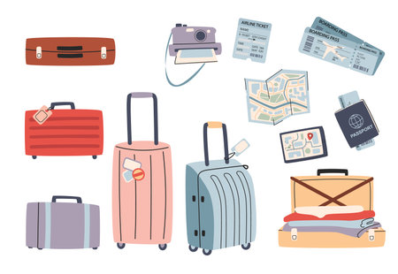 Trip planning world tour concept illustrations set. Travel stickers collection. Summer vacation holiday icons set.のイラスト素材