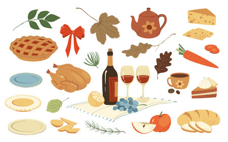 Thanksgiving table with various foods and decorations.のイラスト素材
