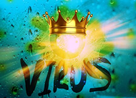 Glass window in raindrops, sun and yellow crown