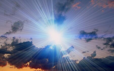 Sky and clouds. The lights of a sun. A plane in the sky will leave traces.