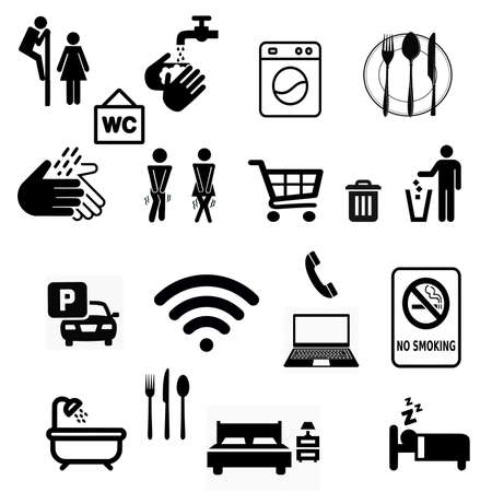 Black silhouettes of various signs and symbols for the convenience of a person traveling by car.の写真素材