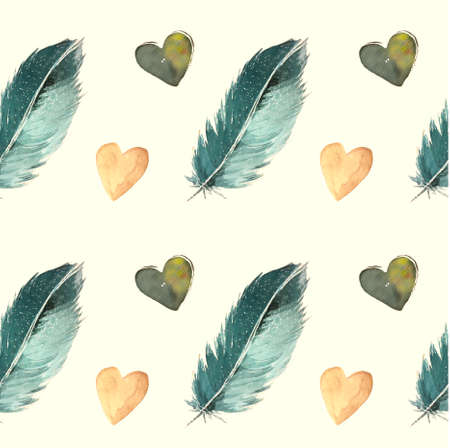 Blue feathers and hearts. Simple seamless watercolor pattern for trendy prints, textiles, covers, gift wrapping.の写真素材