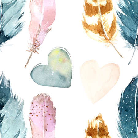 Blue feathers and hearts. Simple seamless watercolor pattern for trendy prints, textiles, covers, gift wrapping.の写真素材