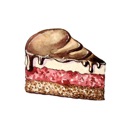 A piece of cake is painted with watercolors on white paper.の写真素材
