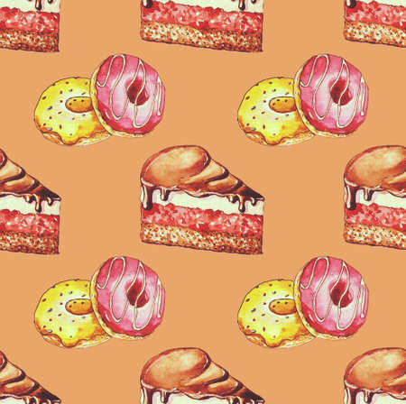A slice of pie and two donuts on an orange one. Seamless watercolor pattern for fashion prints, textiles, covers, gift wrapping, postcards.の写真素材