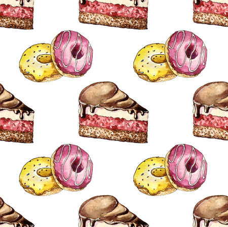 A slice of pie and two donuts on white. Seamless watercolor pattern for fashion prints, textiles, covers, gift wrapping, postcards.の写真素材