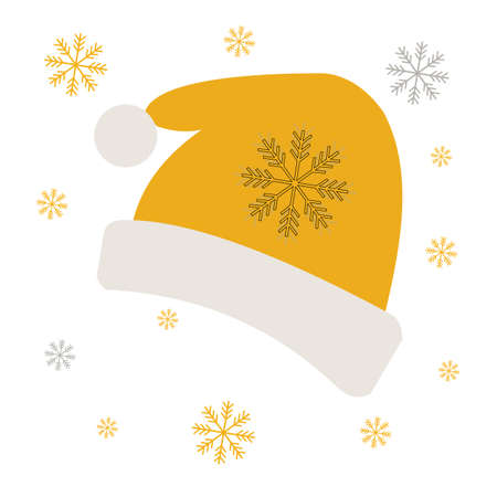 Yellow Santa Claus hat isolated on white background with yellow and gray snowflakes. Festive New Year's winter attributes. Vector illustrationのイラスト素材